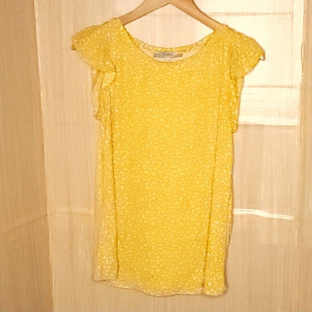 Loft Womens Yellow White Floral Flowy Flutter Sleeve Top Small